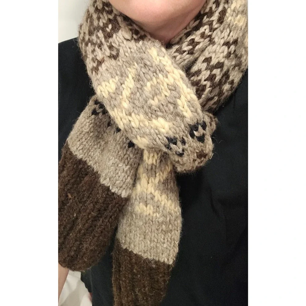 Filson Cream Brown Hand Knit Winter Scarf 70 inch Fair Isle pattern